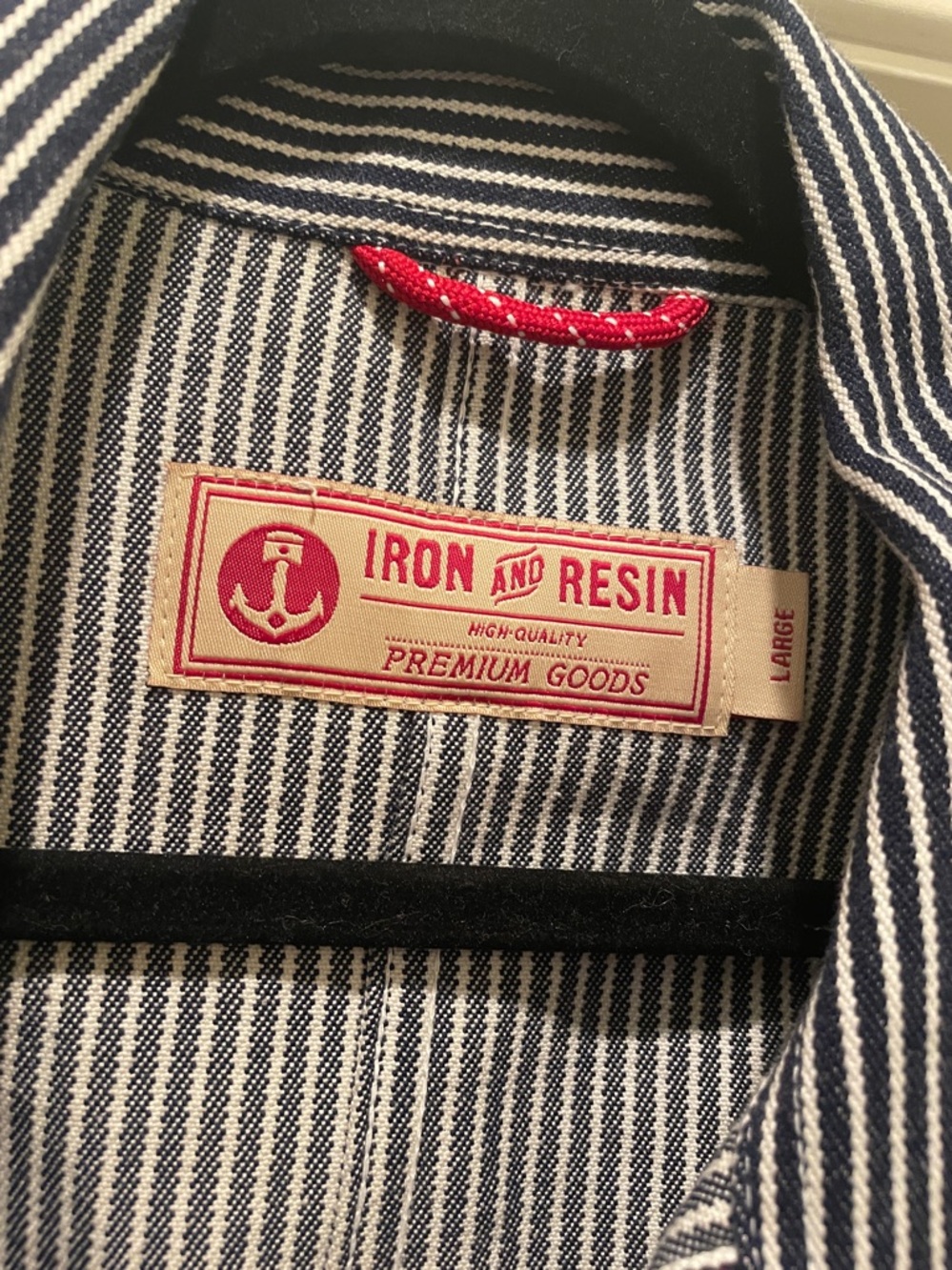 Iron & Resin Navy & White Striped chore jacket men's large - Picture 2 of 4